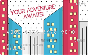 gift card featuring illustrated city with your adventure awaits