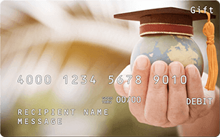 gift card with hand holding world with cap and tassel