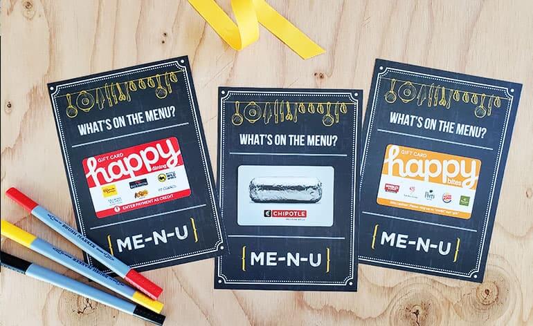 three gift cards on printable holder
