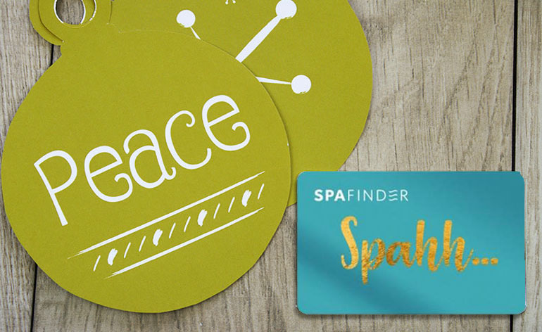 spafinder gift card with the peace ornament