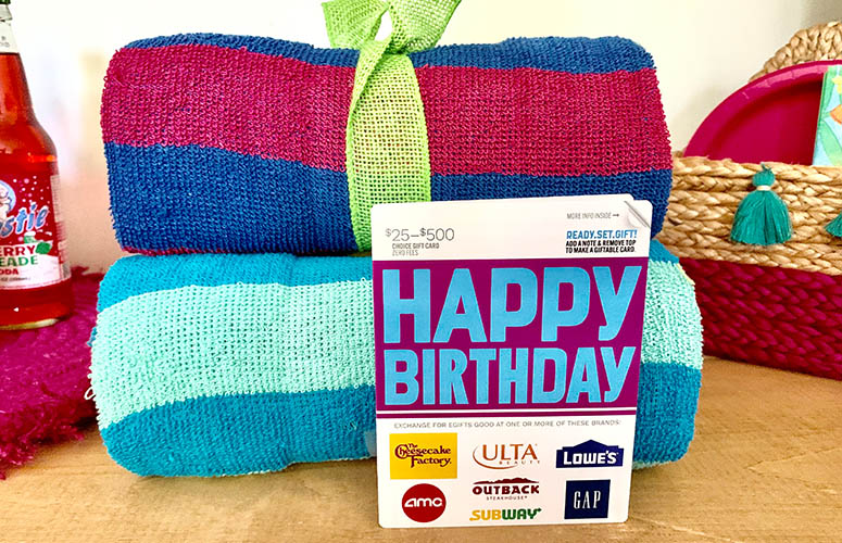 happy birthday multi-store gift card with towels
